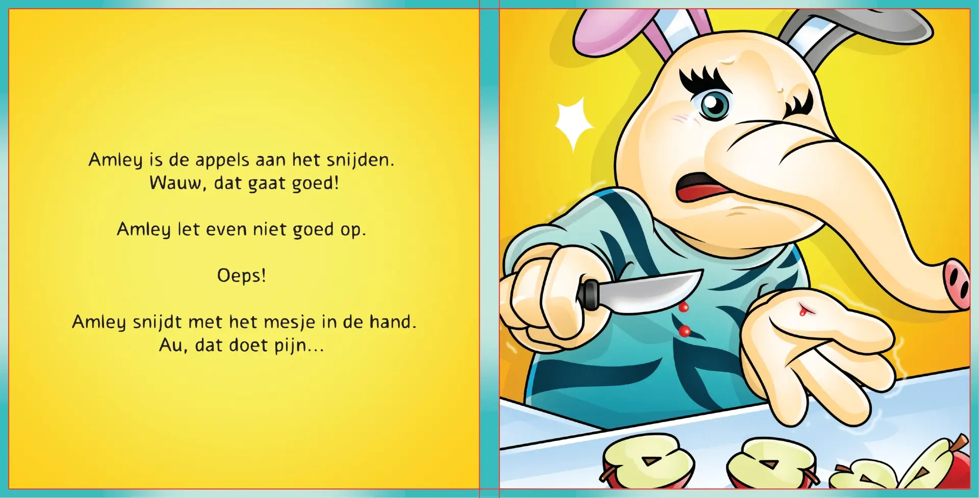 Illustratie uit ‘Amley en Woko – Kleine Snijwond’ waarin Amley per ongeluk in haar hand snijdt, een herkenbaar EHBO-moment voor jonge kinderen.