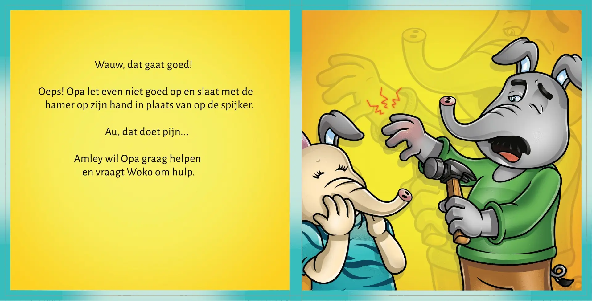 Open EHBO-kinderboek ‘Amley en Woko – Kneuzing aan de Hand’ met twee geïllustreerde pagina’s waarop kinderen leren hoe ze een kneuzing kunnen verzorgen.