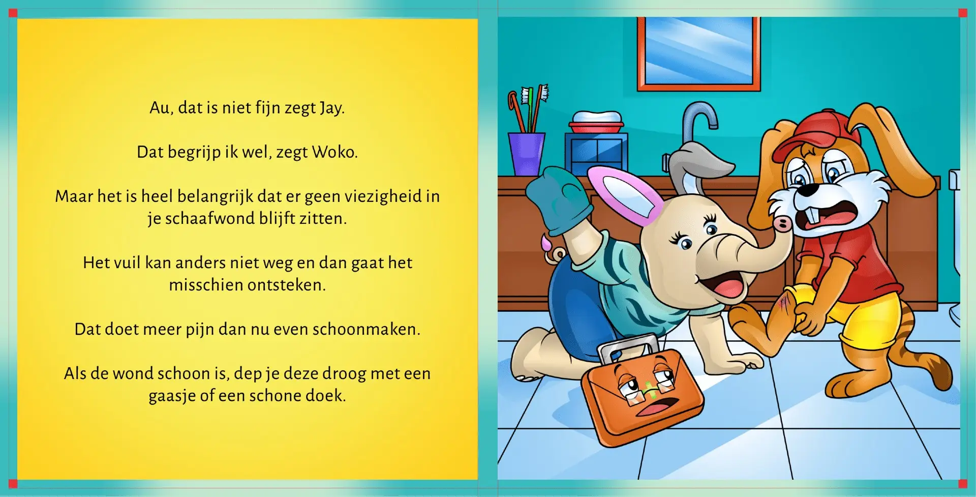 Pagina’s uit Amley en Woko – Schaafwond: Jay heeft een schaafwond en krijgt hulp van Amley en Woko om deze schoon te maken en te verzorgen.