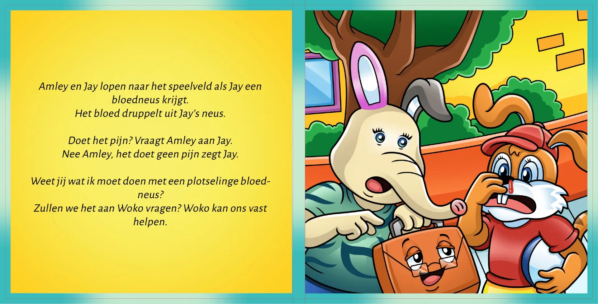Pagina’s uit Amley en Woko – Bloedneus: Amley en Jay ontdekken wat te doen bij een bloedneus en vragen hulp aan Woko.