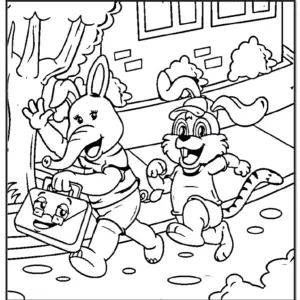 Gratis kleurplaat van Amley, Woko en Jay – een leuke en educatieve EHBO-kleurplaat voor kinderen.