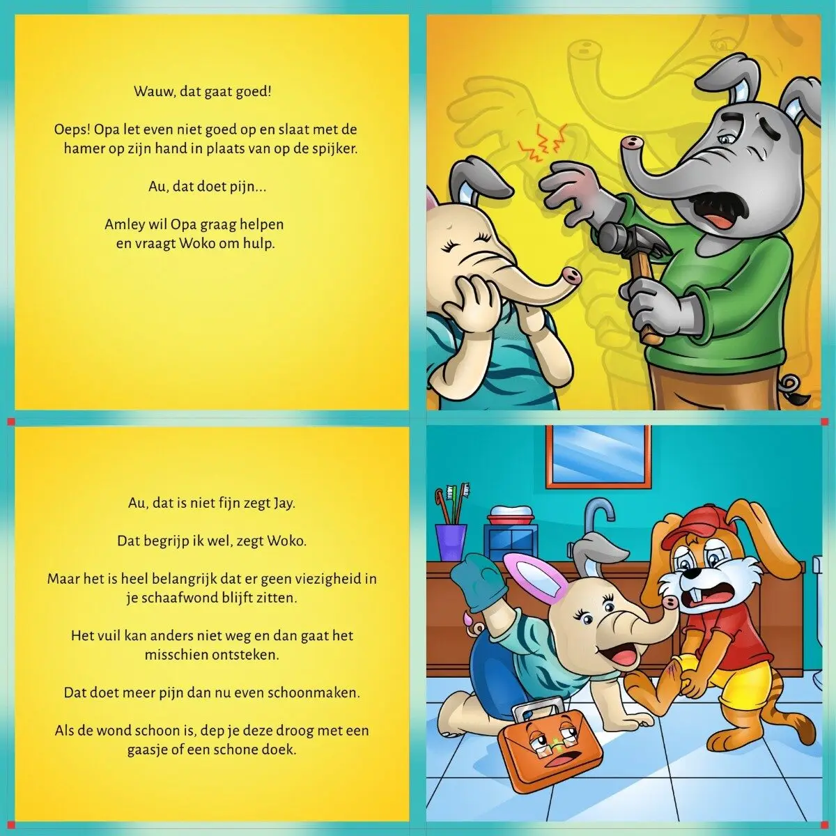 Amley en Woko helpen Opa die op zijn hand sloeg en verzorgen Jay’s schaafwond in de badkamer.